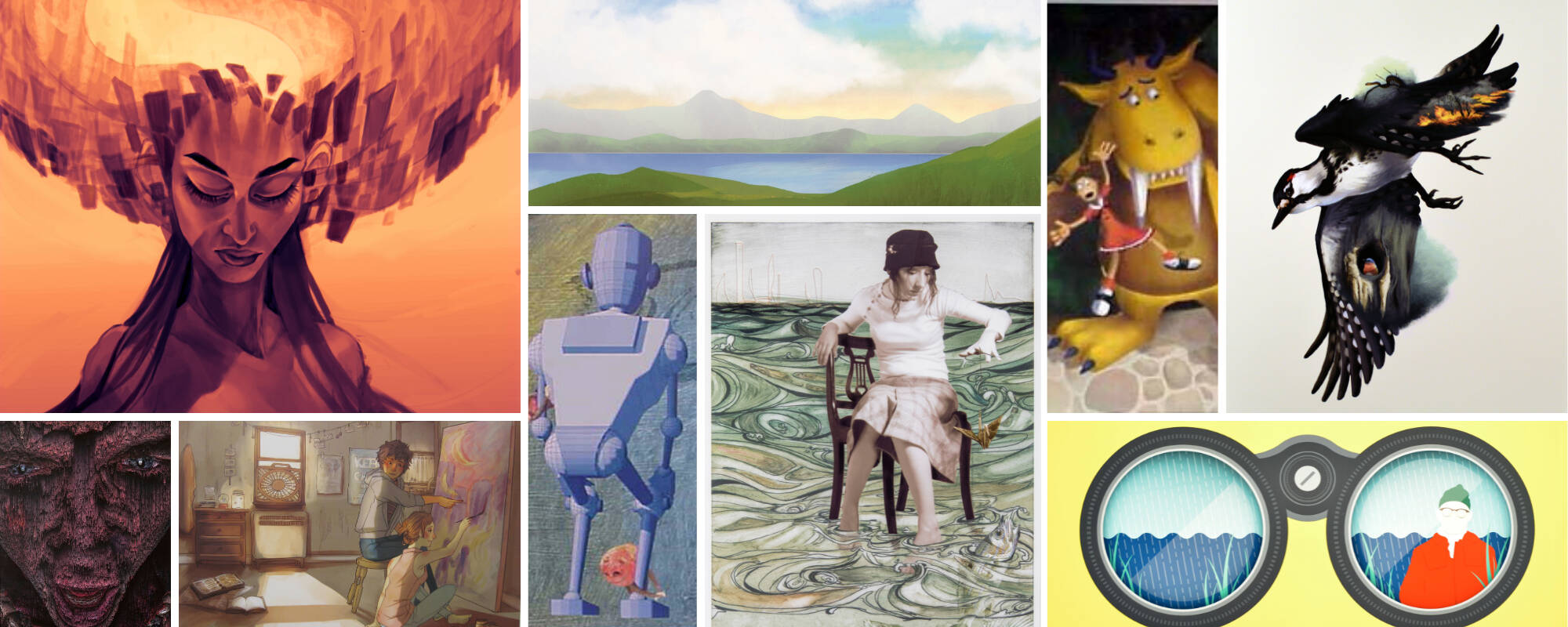 Collage of nine images from the GVSU Art Museum Collection showcasing the medium of digital illustration.